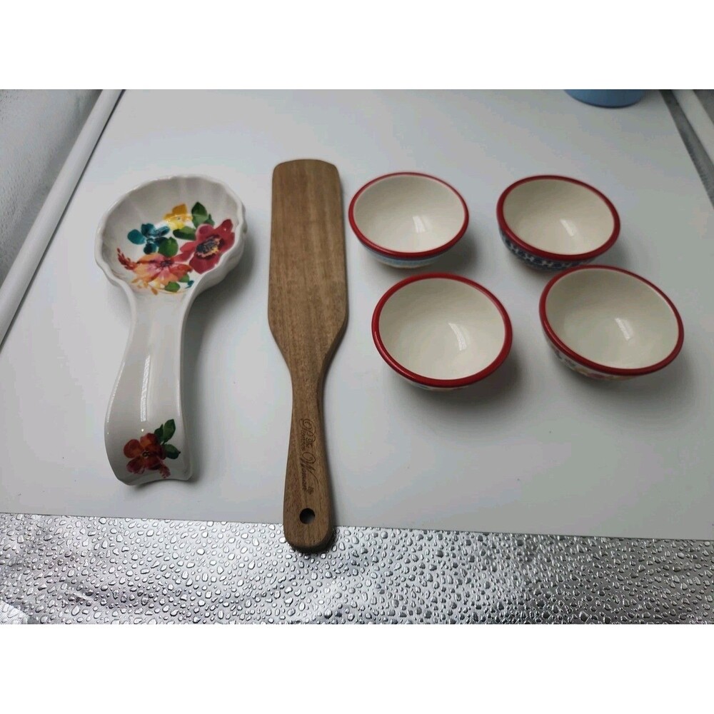 The Pioneer Woman "Mazie" Floral Stoneware 4 Dipping Bowls Farmhouse Spoon Rest